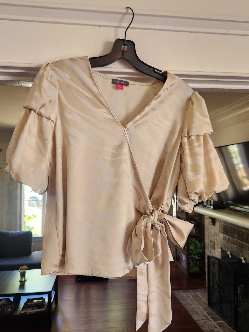 Vince Camuto Cream Zebra-Print Wrap Blouse with Puff Sleeves